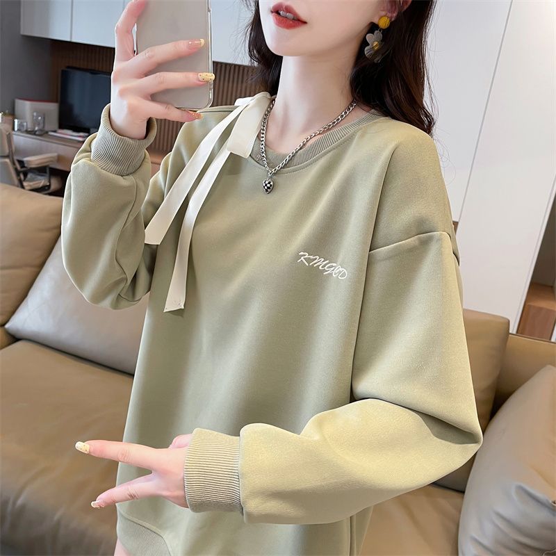 早秋装蝴蝶结卫衣女春秋季韩版宽松大码中长款慵懒风薄款上衣外套|undefined