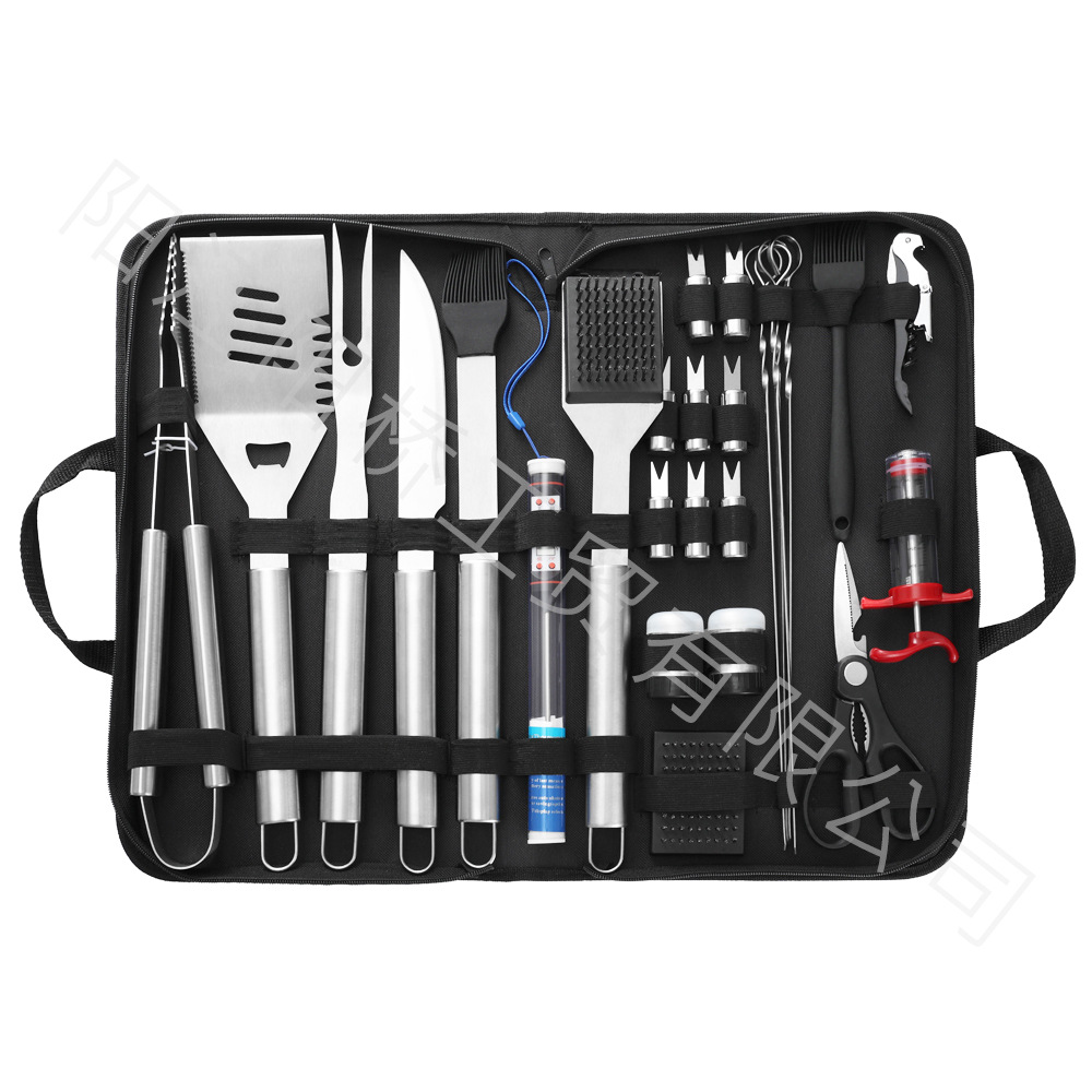 Fábrica al por mayor herramientas de barbacoa de 26 piezas de acero inoxidable para hornear conjunto de bolsa de tela combinación de camping utensilios de barbacoa al aire libre