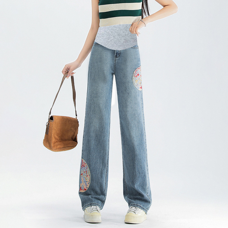 新中式国风刺绣阔腿孕妇牛仔裤2024新款窄版阔腿托腹外穿阔腿裤