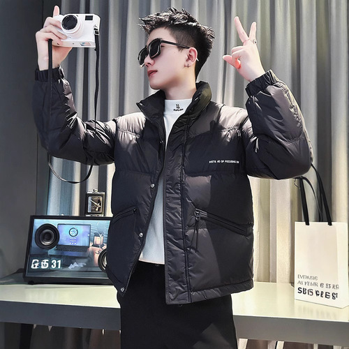 Winter streetwear down jacket for men, casual cool stand-up collar, thick short-sleeve top, 2024 new men's cotton-padded coat.