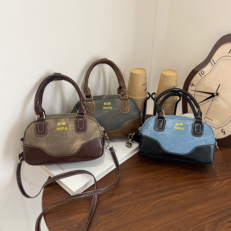 2025 Early Spring New Handbag Texted Shoulder Crossbody Bag Niche Contrast Color Retro Denim Pattern Pillow Bag for Women
