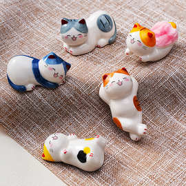 zakka日式杂货陶瓷猫咪筷子架创意摆件手绘小猫筷枕托卡通筷架