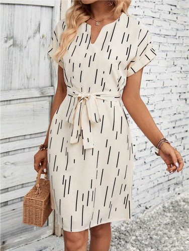 2025 Summer New Arrival European and American Style Cross-Border Elegant Printed V-Neck Batwing-Sleeve Waist-Slimming Dress
