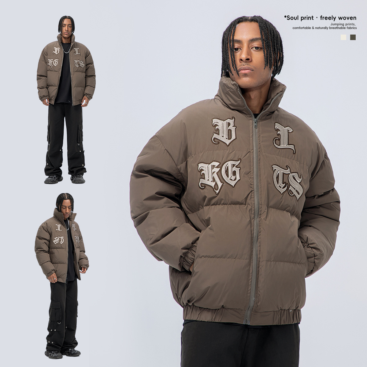 GTS otoño e invierno marca de moda estadounidense ropa de algodón acolchado bordado de letras góticas ropa neutra de algodón acolchado ropa de cuello de pie ropa de algodón acolchado ropa de pan suelto