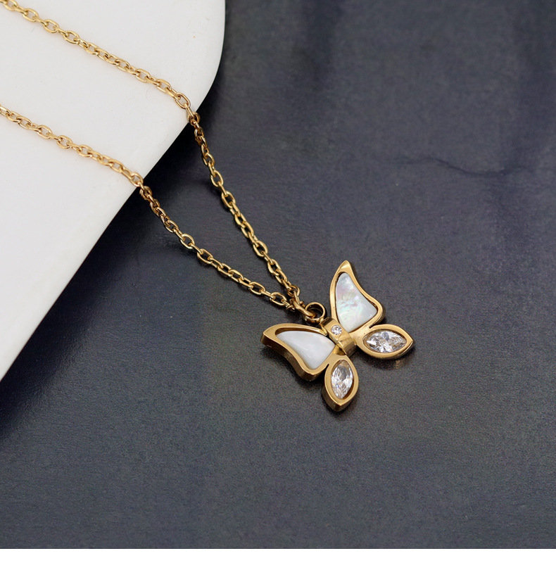 Fashion Butterfly Titanium Steel Inlay Shell Pendant Necklace Colorza_colorza_4