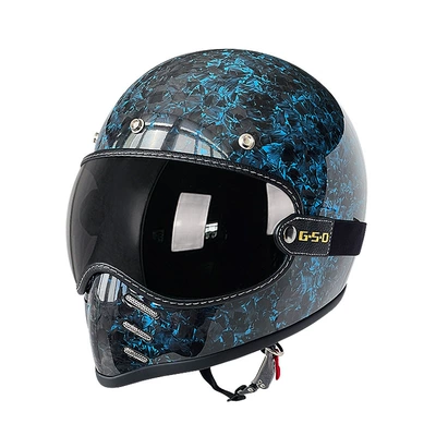Foreign Trade Export Carbon Fiber Retro, Motosiklet kaskı (dəbilqə) - blue-forging-black-tea-mirror-m55-56