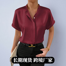 外贸欧美女装高级感色丁缎面衬衫 秋仿真丝短袖连肩立领短袖衬衣