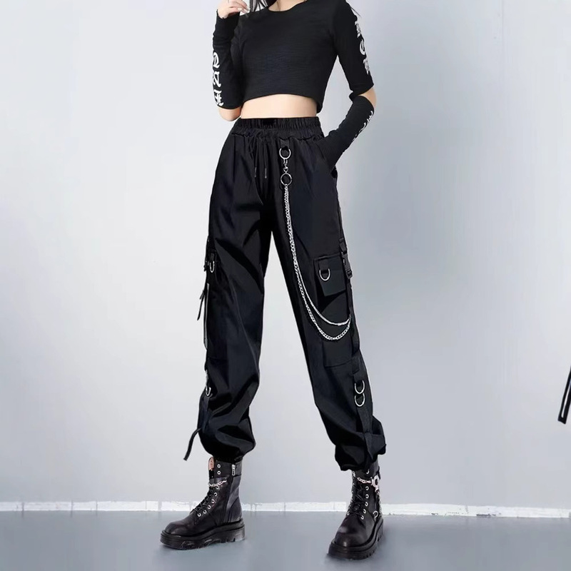 Hip-Hop Cargo Pants for Petite Women, Black Chain Jogger Pants, Hip-Hop Student Street Dance Pants, Slimming High-Waisted