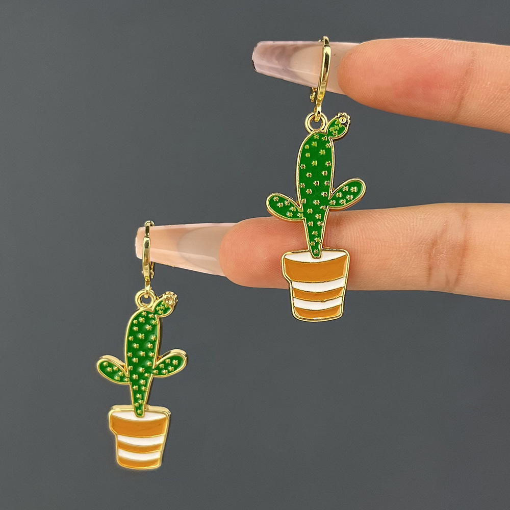 Retro Cactus Hoja Flor Esmalte Aleación Aretes display picture 6