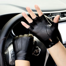 真皮半指手套男冬季开机车骑行驾驶露指摩托防滑加绒羊皮半截手套