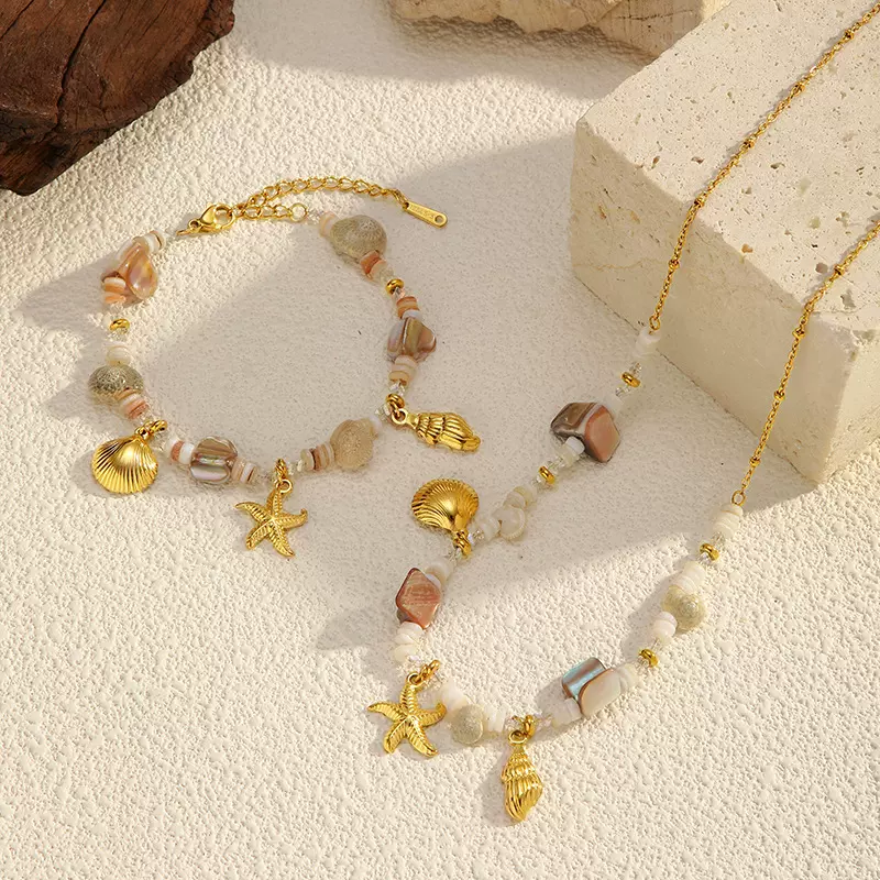 欧美海洋风贝壳星星吊坠钛钢项链手链套装轻奢时尚不锈钢项链饰品