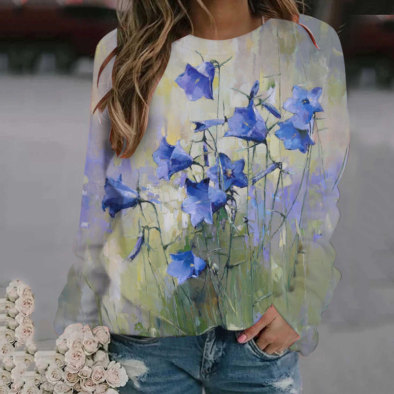 3D digital printed women's round neck hoodie with floral patterns for spring autumn clothing, long sleeved and loose_voghion.com