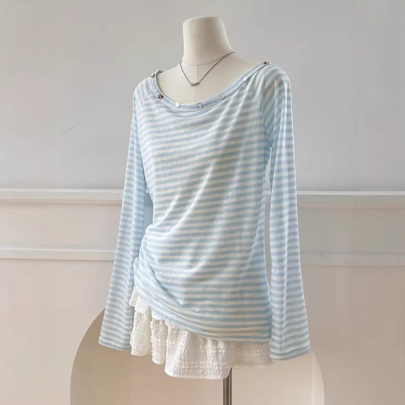 Lyocell Blue Striped Sun Protection Cover-Up for Women, Thin Summer 2026 New Style, Loose Slimming Top, Long-Sleeve T-Shirt Lyocell Blue Striped Sun Protection Cover-Up for Women, Thin Summer 2026 New Style, Loose Slimming Top, Long-Sleeve T-Shirt
