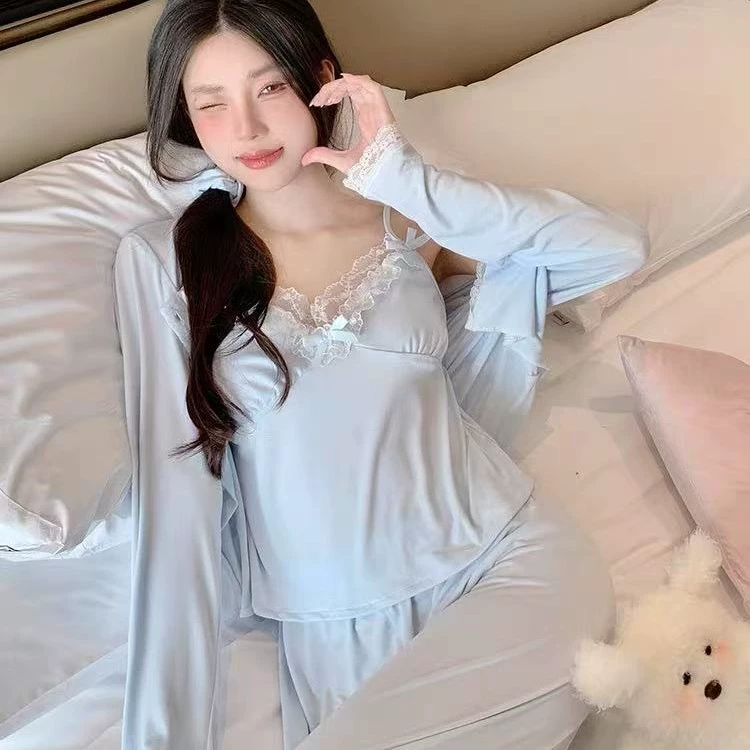 [Эзер] 25 новых модаль пижамы женский набор из трех частей весной с нагрудными подушками с длинными рукавами брюки сладкая домашняя одежда