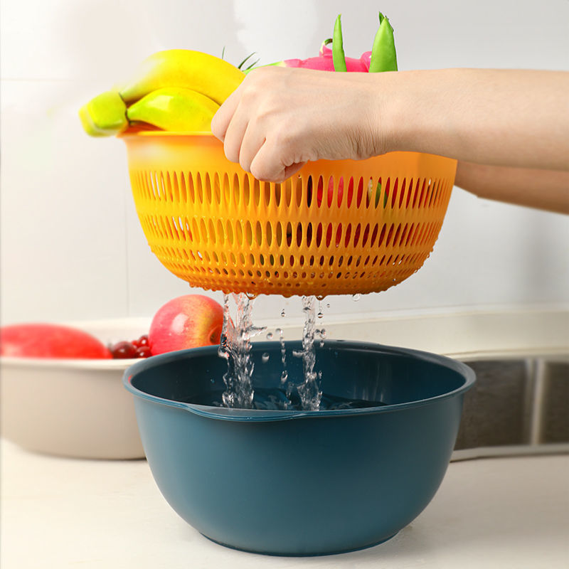 二重の野菜を洗うたらいの水たまりのかごの6セットの台所の客間の家庭用の水洗いの果物の皿の簡単なプラスチックの米を洗う野菜のかご|undefined