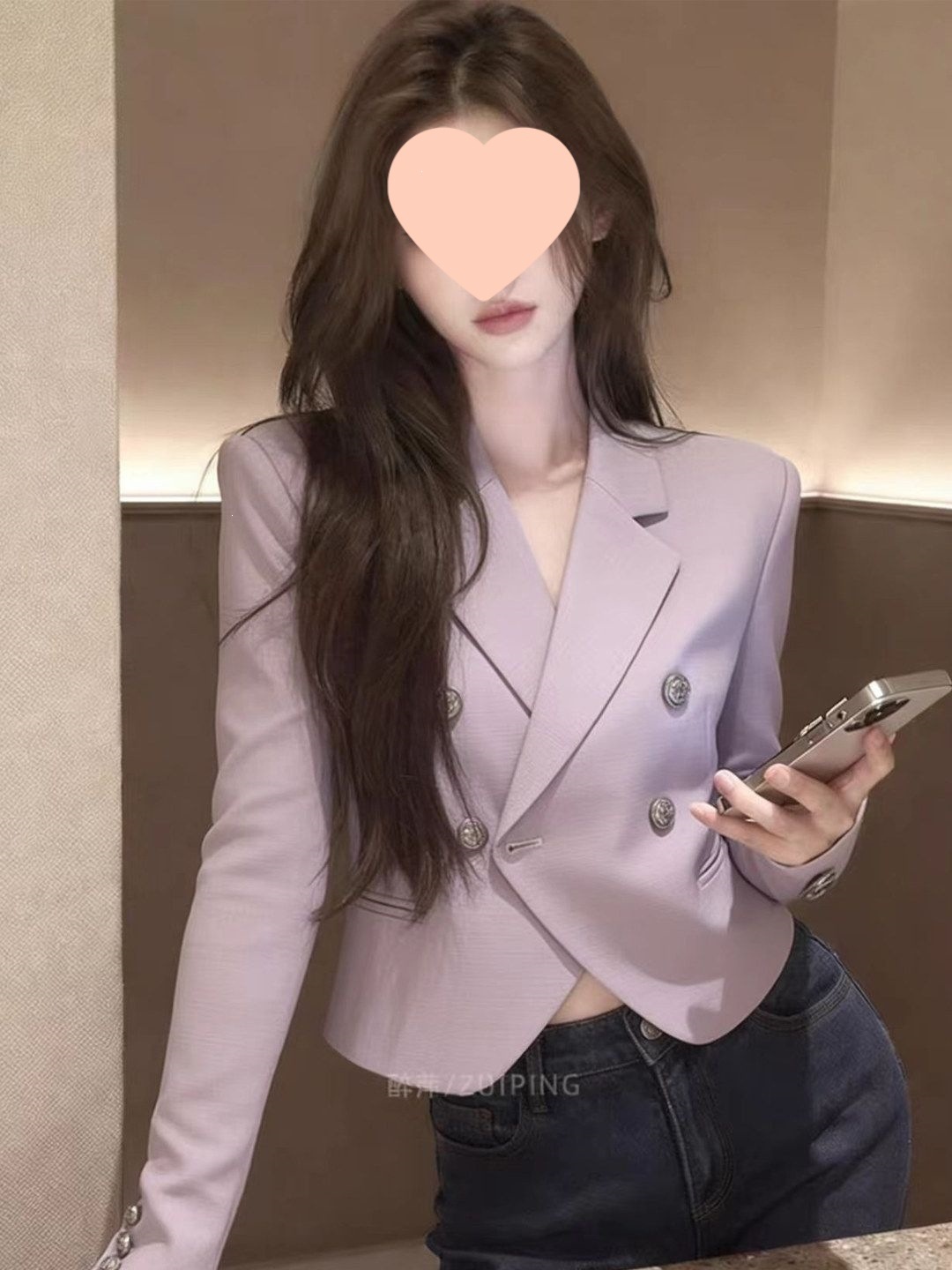 Elegant purple short blazer for women, spring 2026, petite size, double-breasted, versatile and sophisticated top