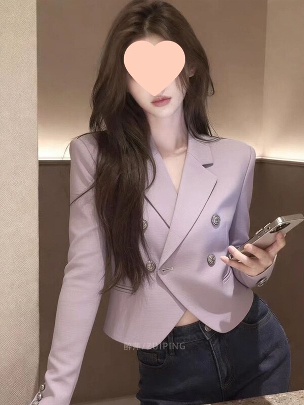 Elegant purple short blazer for women, spring 2026, petite size, double-breasted, versatile and sophisticated top