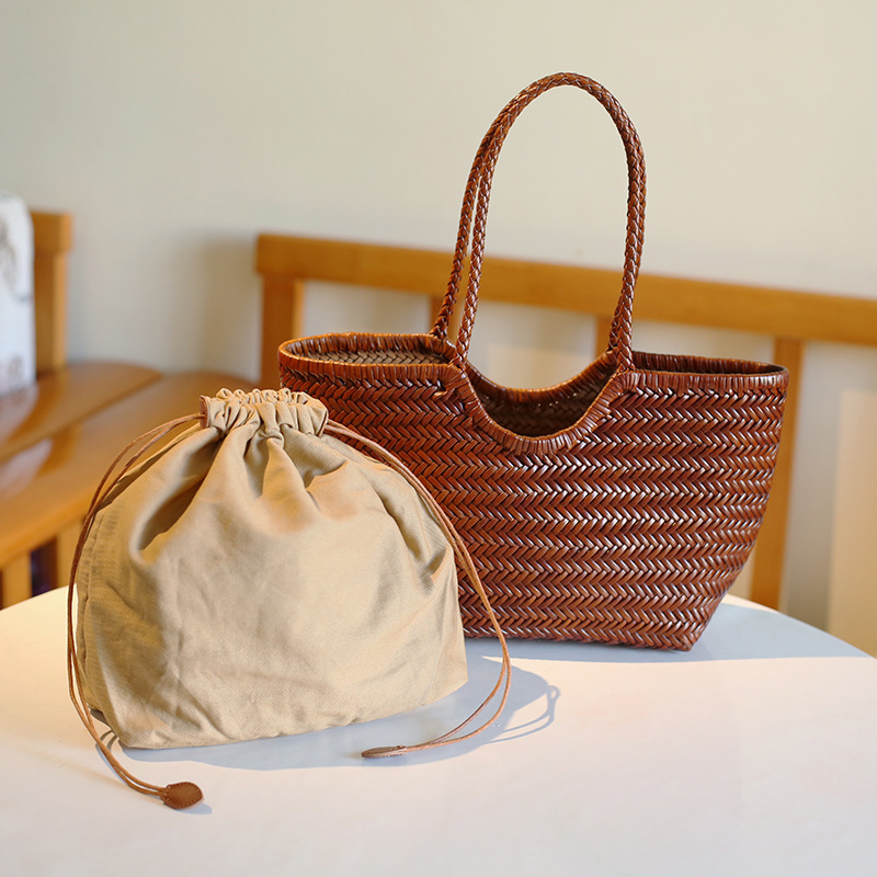 Dragon French Hand-Woven Women's Top Grain Cowhide Handbag, Large Capacity Shoulder Tote Bag For Beach Vacations - Thumbnail 3