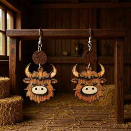 跨境西部风复古牛头个性化吊坠耳环双面木质耳饰礼物