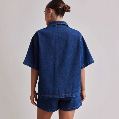 2025 Summer Amazon Cross-border European and American Women's Casual Retro Loose Shirt and Denim Shorts Set for Women