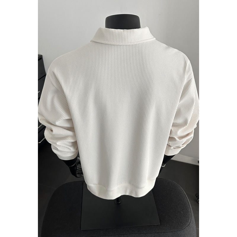 American-style Trendy Solid Color Waffle Knit Old Money Style 2026 Spring New Polo Collar Long-sleeve Sweatshirt, Unisex_voghion.com