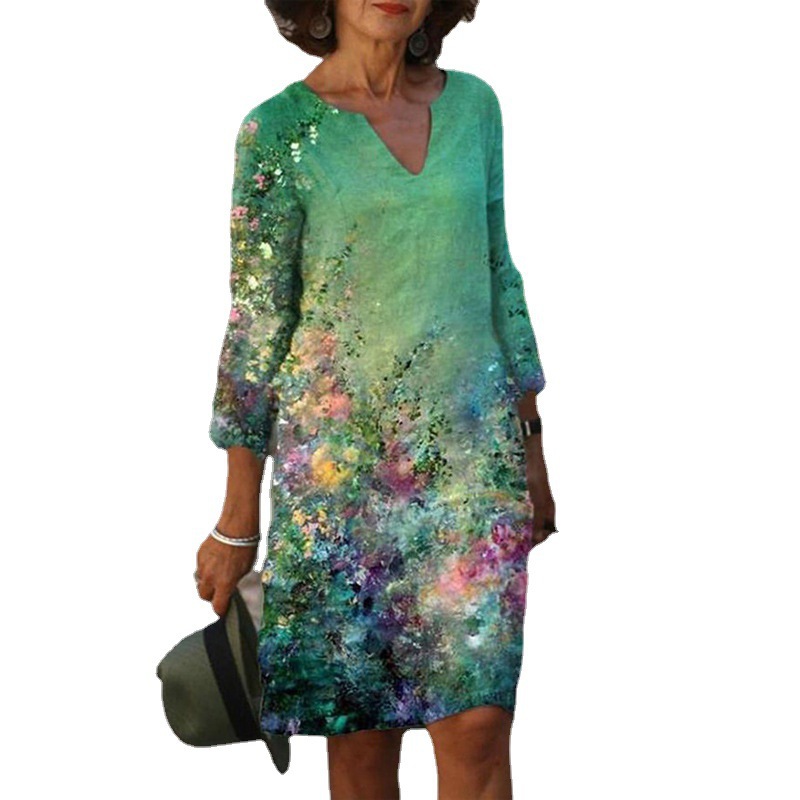 Summer Colorful Printed A-Line Dress With V-Neck, Short Sleeves, Mid-Waist, And Hooded Design_ecoleips.com