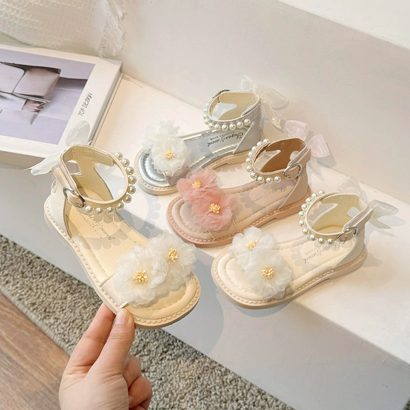 Детские туфли Сандалии сломались 2024 летом новые детские цветы серебряные туфли принцессы малышки пляжные туфли