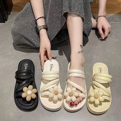 Women's Outdoor Slippers with Floral Design, Summer Style, Anti-Slip Fairy Wind, New Arrival, Thick Sole, Casual Roman Slippers