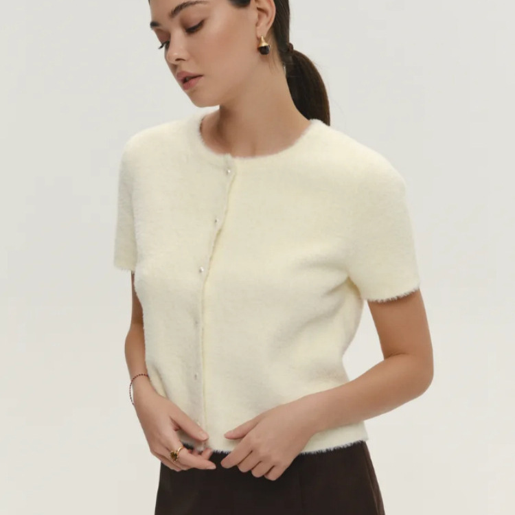 Cross-Border Short-Sleeved Imitation Mink Sweater Cardigan for Women, New Spring and Autumn Style, High-End Plush Top, Solid Color Knitted Jacket