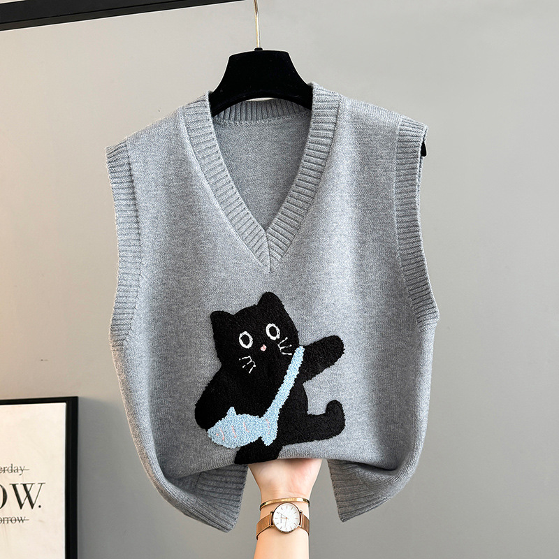 Women's Vest 2025 New Spring and Autumn Loose Knit Vest Cartoon Kitten Sweater Jacket Waistcoat Winter
