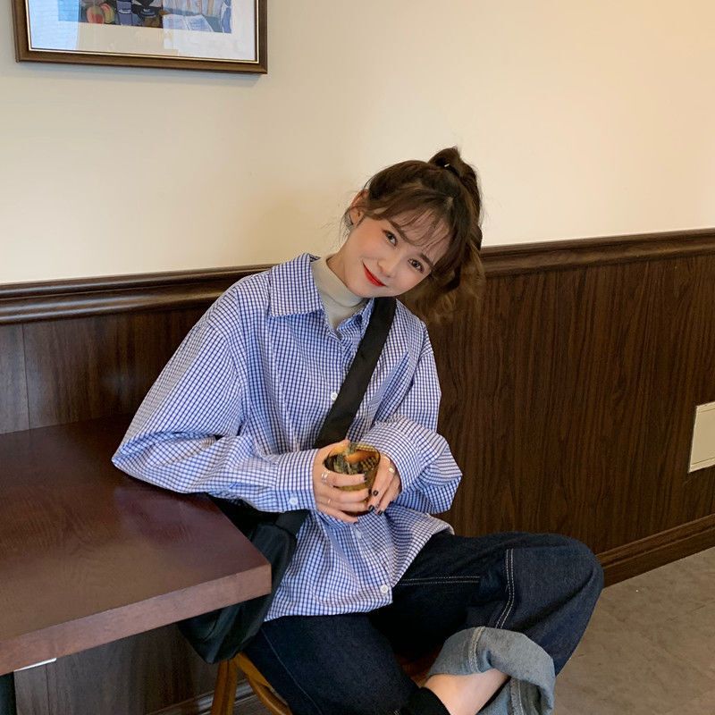 Sweet Blue Small Check Multi-Button Plaid Shirt for Women, Summer 2026 New Style, Spring and Autumn Korean Version, Long-Sleeve, Loose Casual Sweet Blue Small Check Multi-Button Plaid Shirt for Women, Summer 2026 New Style, Spring and Autumn Korean Version, Long-Sleeve, Loose Casual