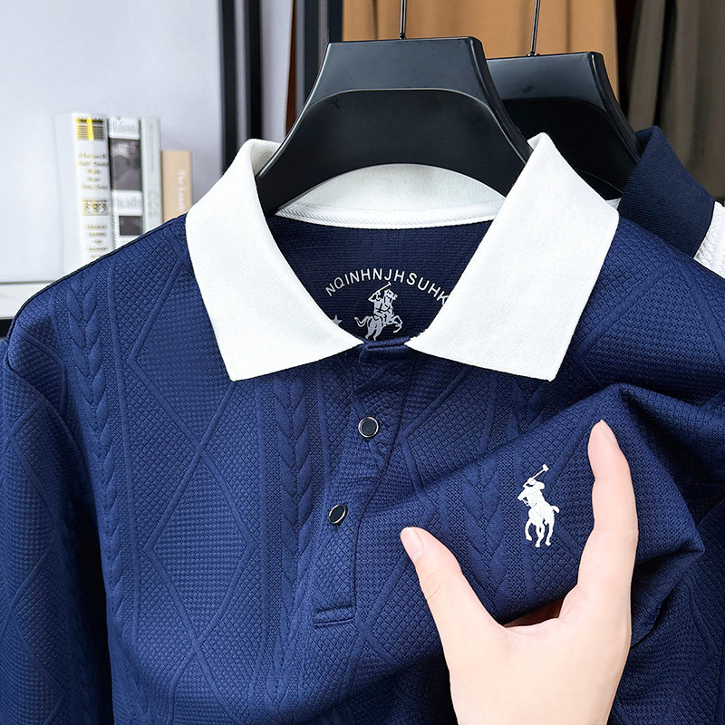 High-Quality Cross-Border Mature Men's T-Shirts, Contrasting Color Lapel Long-Sleeved Shirts, Casual Jacquard Tops for Men