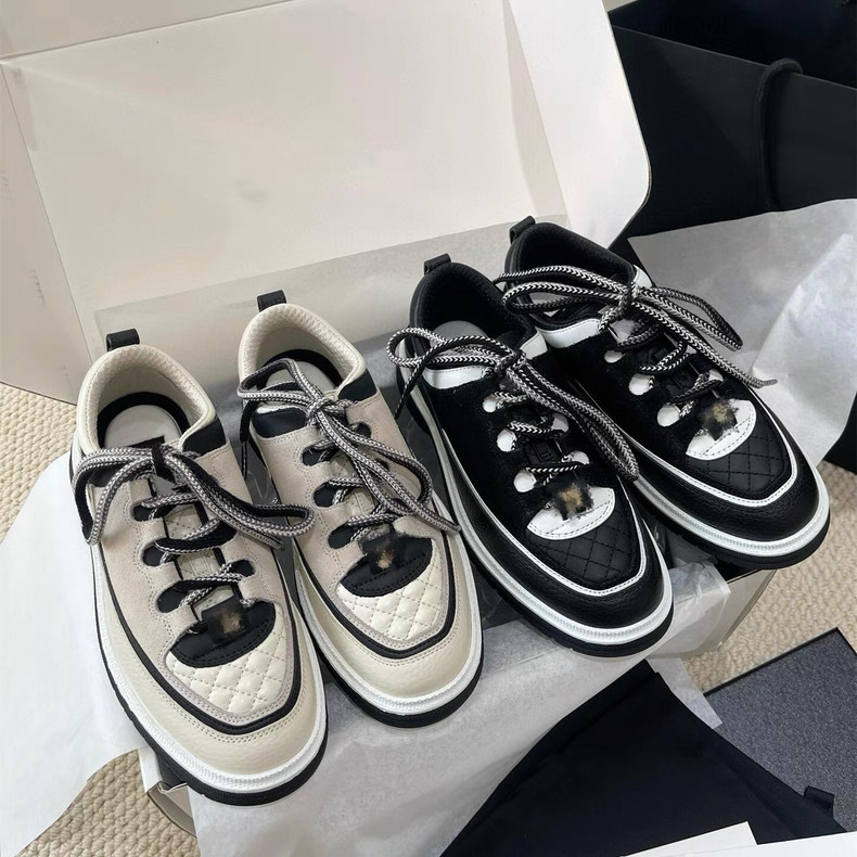 2025 New Style Small Fragrance 25C Black and White Color Matching Panda Sports Shoes Women's Quilted Leather Heightening Casual Women's Shoes