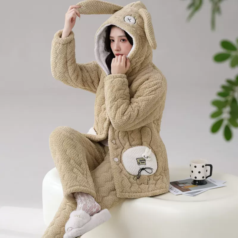 冬季超厚保暖三层加厚暖芙绒女士连帽夹棉开衫睡衣可外穿家居服