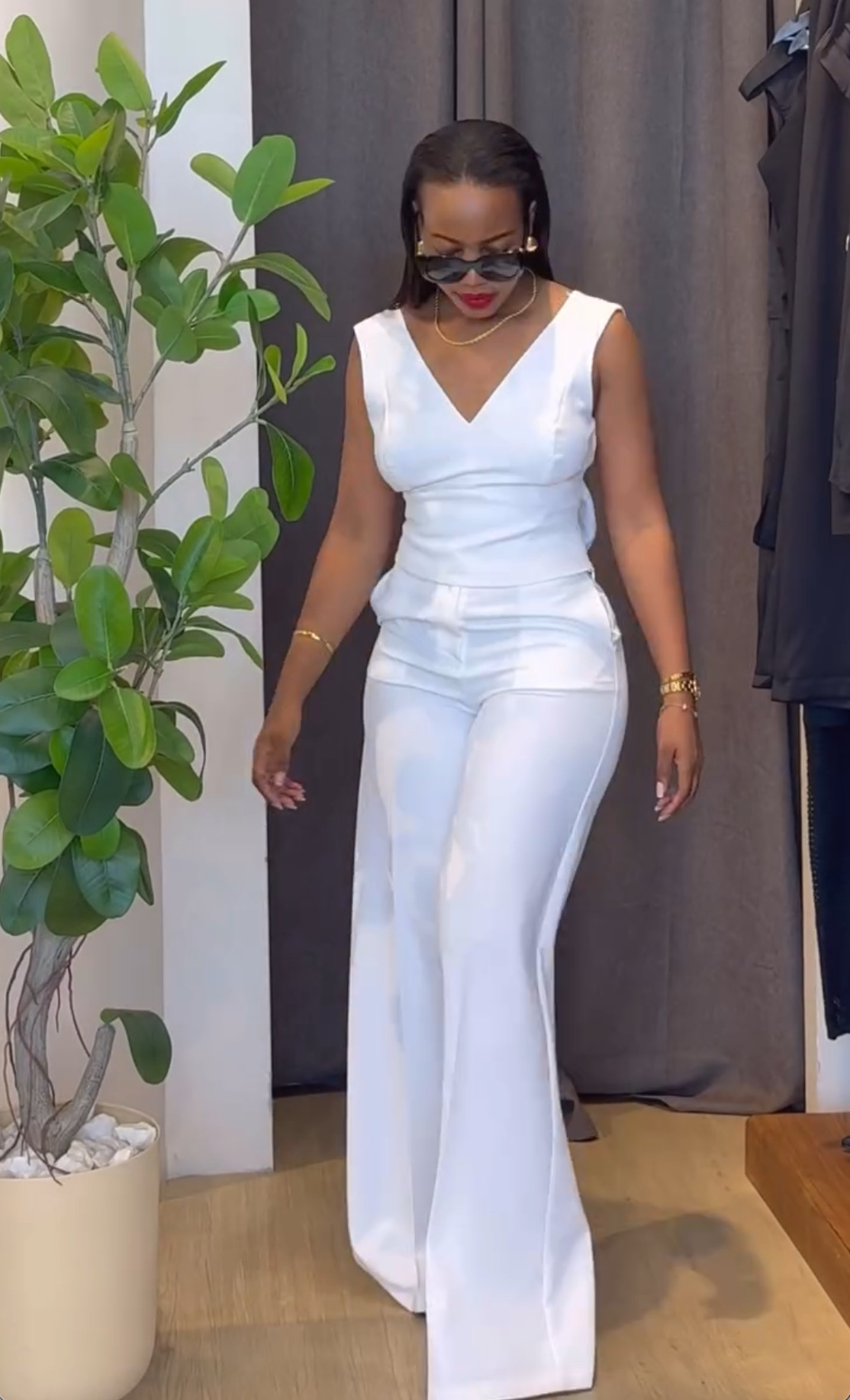 Women Clothing Spring Solid Color Backless Bow Top Wide Leg Trousers Casual Suit
