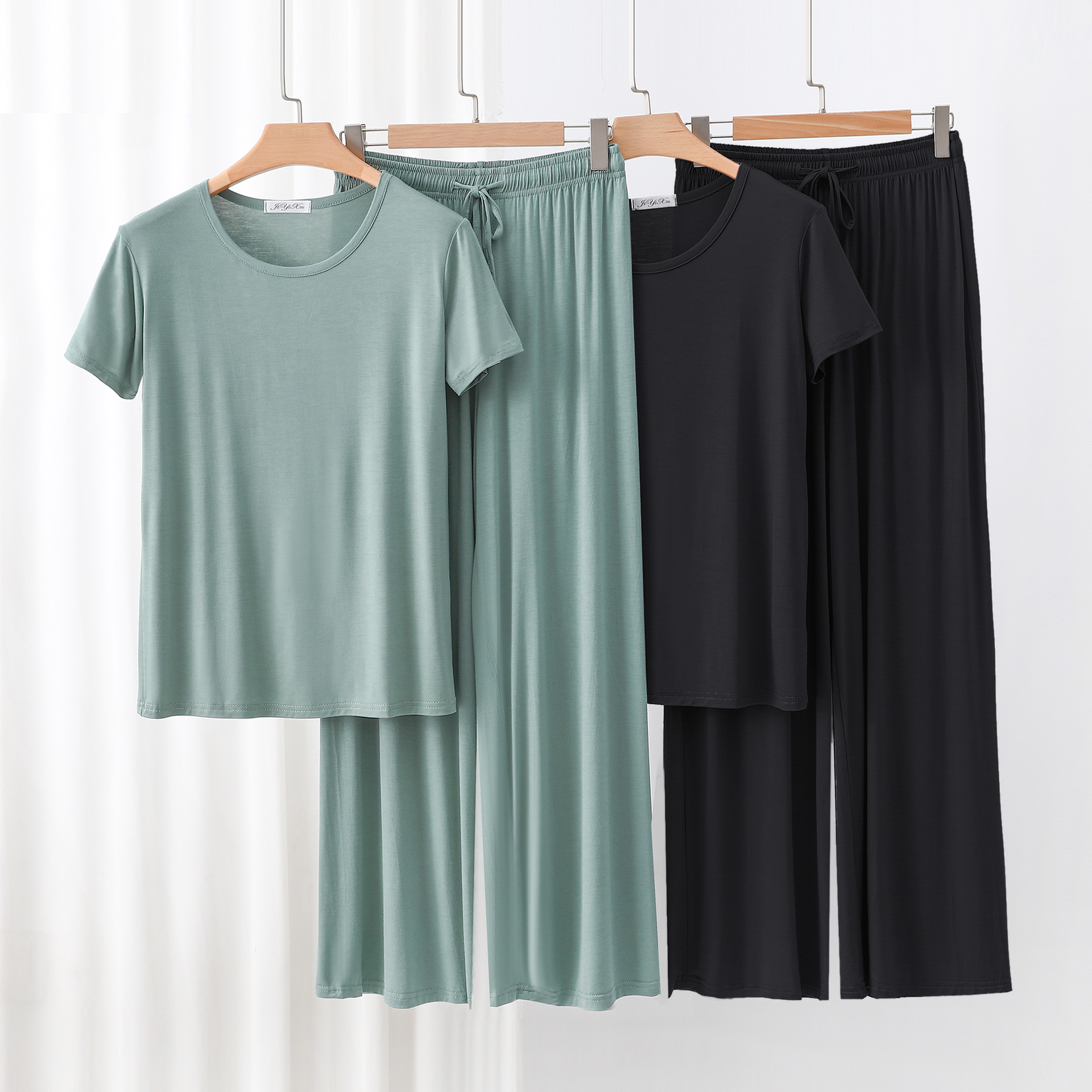 夏季新款比特棉圆领短袖T恤系带阔腿裤两件套宽松休闲拼色套装