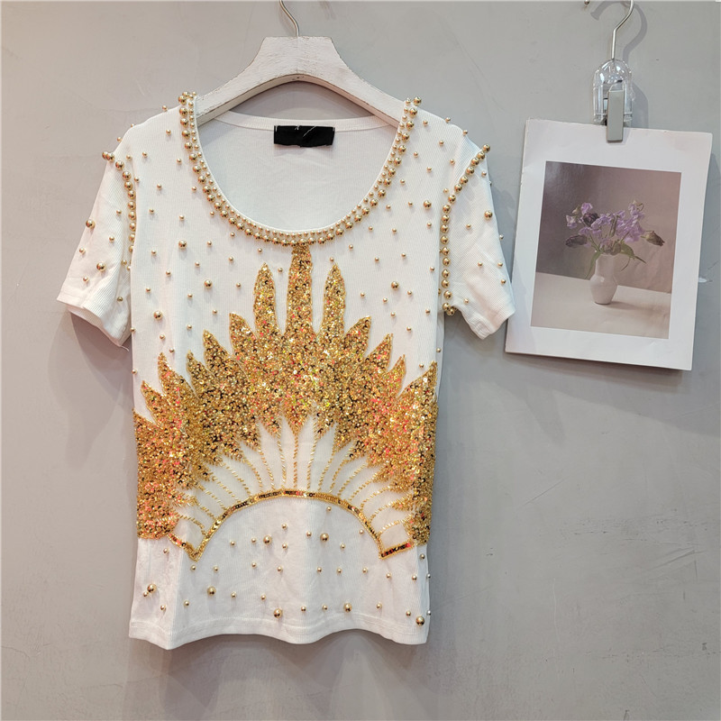 Súper industria pesada con cuentas de punto camiseta para mujeres 2024 primavera y verano nuevo slim fit media manga corta que adelgaza camiseta superior
