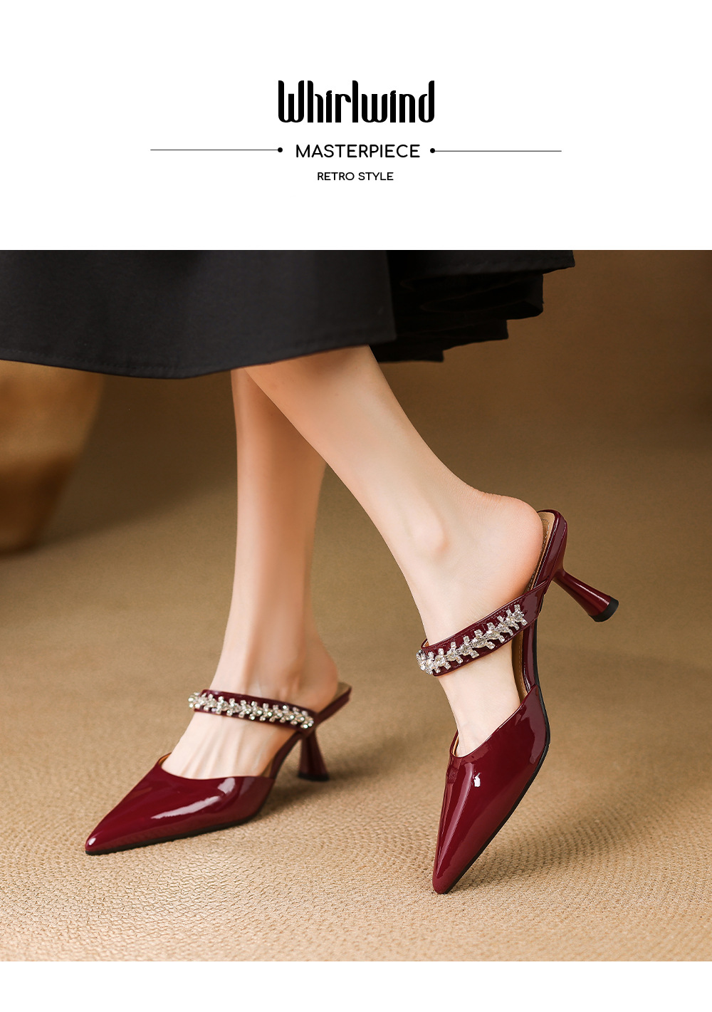 Giày sandal cao gót nữ mũi nhọn đính đá kiểu Pháp, gót nhọn 9 cm — đen chi tiết 6