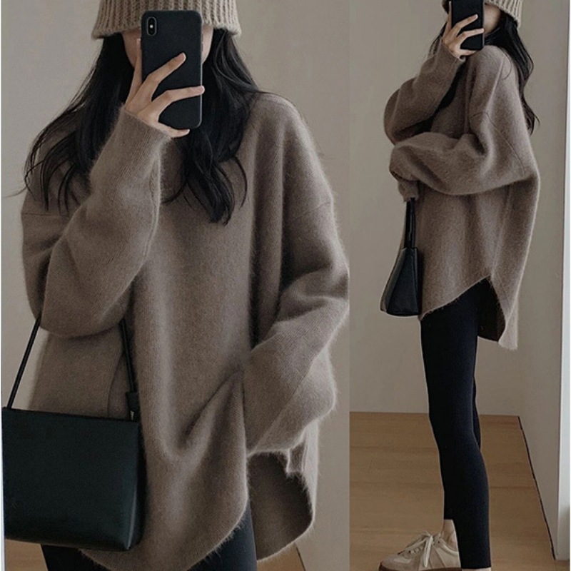 日韓の新型の怠惰な風のシンプルなレトロなニットのセーターの女性の秋冬の外は中の長いタイプのオープンフォークの百合の上着を着ます。|undefined