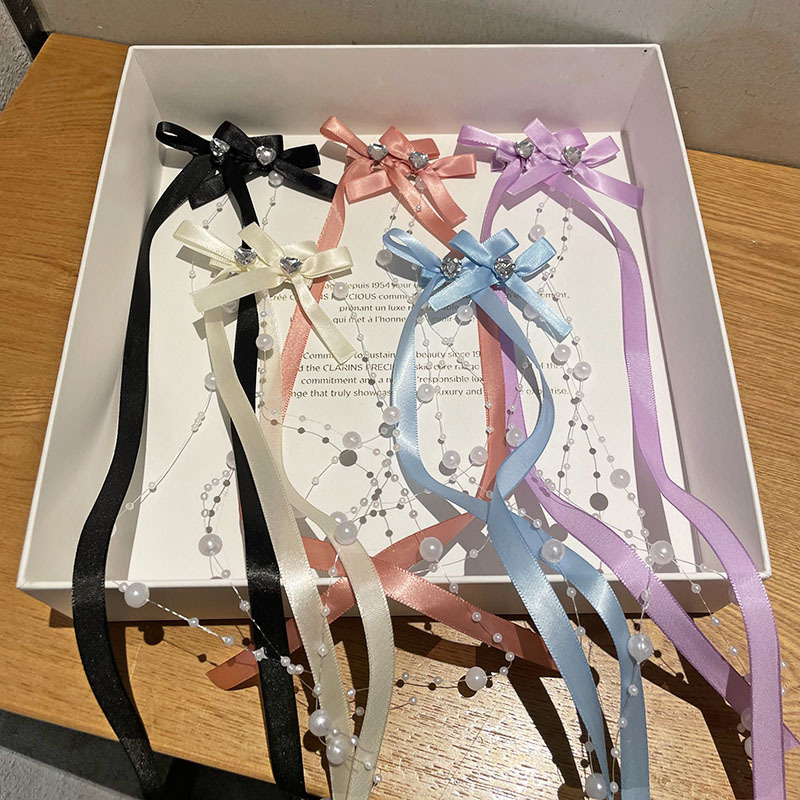 Ballet Style Sweet Department School Sister White Ribbon Glazed Beads Long Tassel Hairpin Duckbill Clip Atmospheric Ribbon Hair Accessories