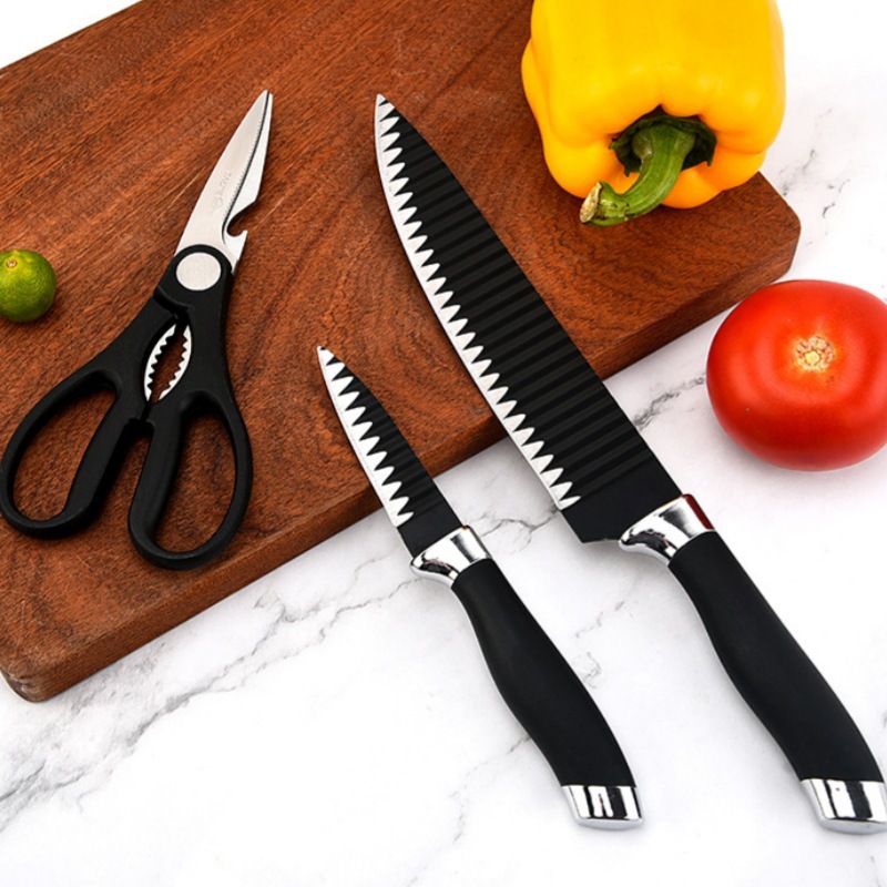 Spot Factory Venta caliente Juego de cuchillos de tres piezas con patrón de ondas negras Cuchillo de frutas Cuchillo de chef Juego de tijeras de cocina