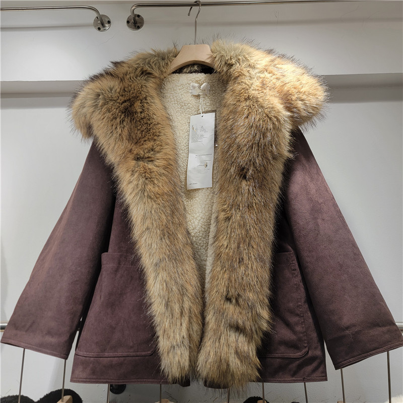 American brown gamuza abrigo de algodón abrigo de piel de mujer una sola sola solapa exterior abrigo de piel gruesa cálida image 3