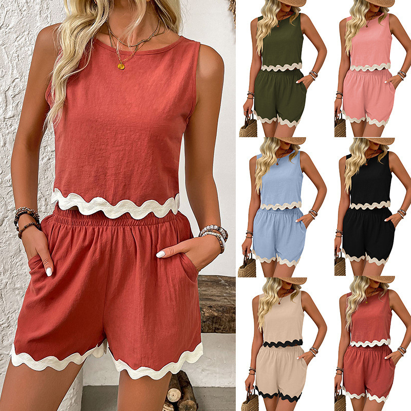 European and American Cross-Border Export Women's Clothing 2024 Summer Two-Piece Set Linen Lace Round Neck Vest Short Top Shorts