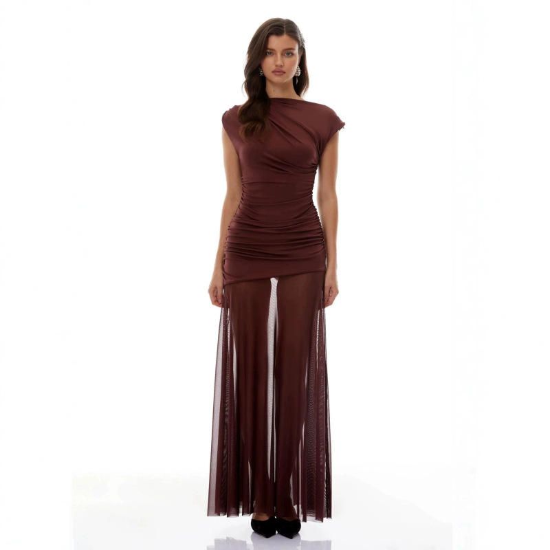 Banquet Party Wedding Formal Dress Pleated Waist-Cinching Sheer Tulle Hem Long Bodycon Slimming Dress Polyester