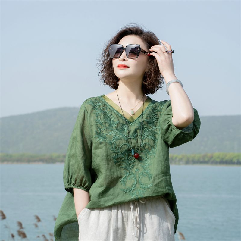 Solid Color Cotton and Linen Mid-Sleeve Shirt for Women, 2025 Summer Style, with Heavy Embroidery on the Collar, Casual Versatile Thin Cotton and Linen Shirt