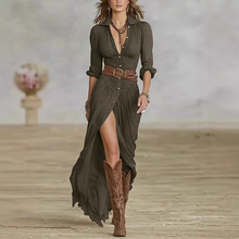 女装欧美2025新款法式复古V领束腰褶皱宽松开衩气质长袖连衣长裙