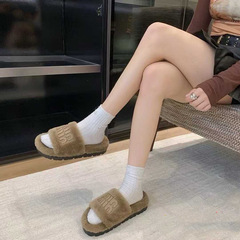 跨境厚底毛毛拖鞋女外穿2025秋冬新款羊羔毛一字拖保暖棉拖居家