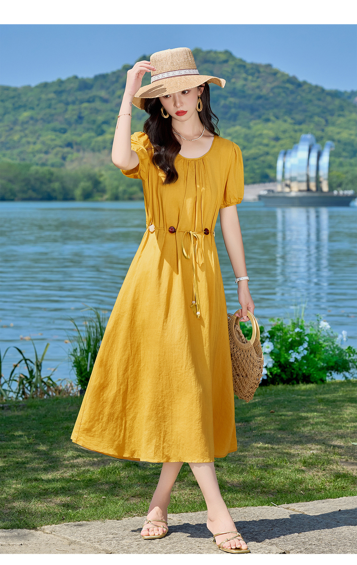 Đầm suông midi cổ V eo thắt dây dáng chữ A tay ngắn — Xanh lông mòng đen, màu trắng, màu vàng chi tiết 23
