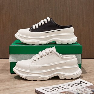 McQueen White Shoes Women's 2025 Summer New Style Baotou Half Slippers Women's Outfit Platform Canvas Shoes for in stock