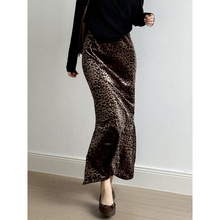 言双 复古豹纹丝绒半身裙女 秋季高腰显瘦包臀A字裙子长裙82655